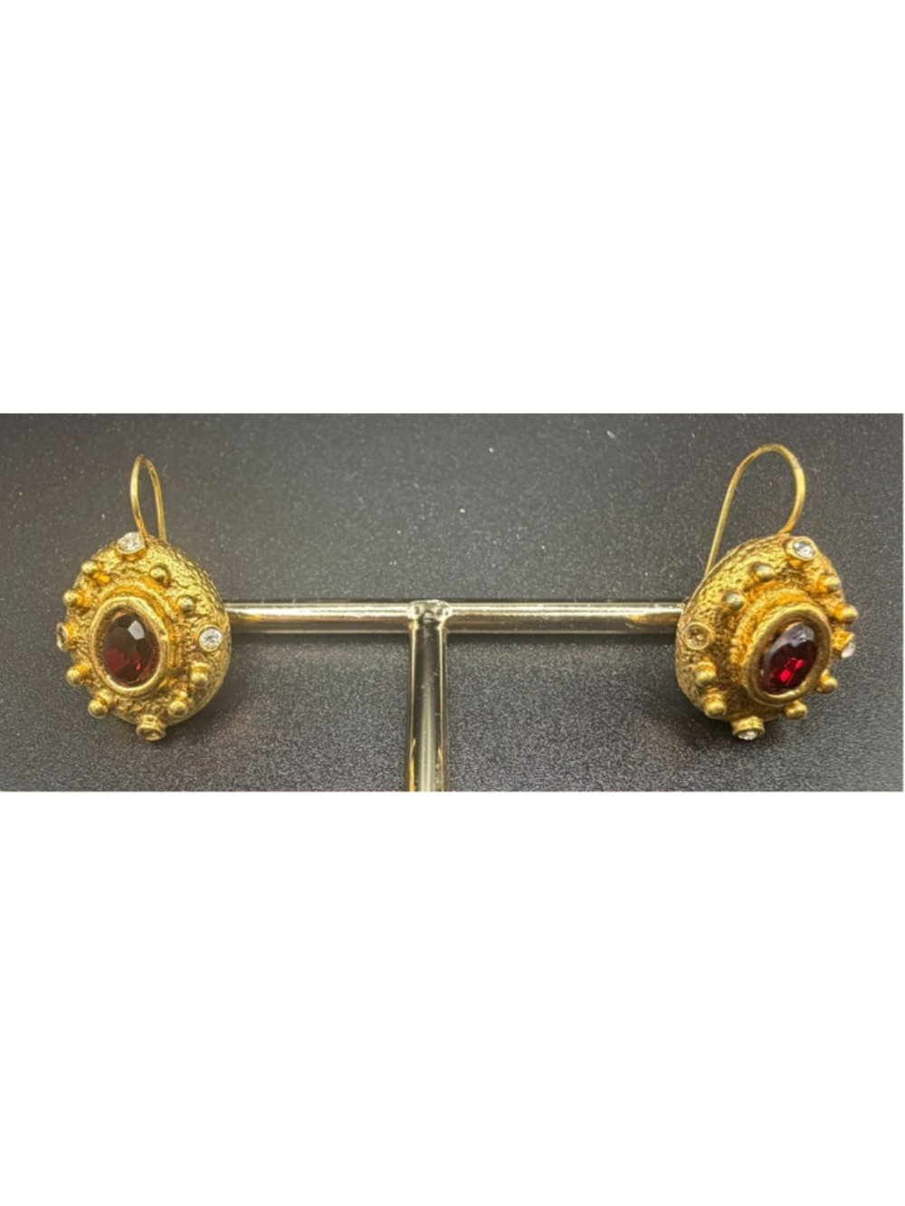 Signed Graziano Red Oval Stone Earrings GoldTone Hook Missing Rhinestones Repair